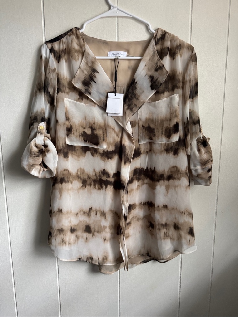Calvin Klein Brown and Cream Tie-Dye Sheer Button Blouse Sz S NWT